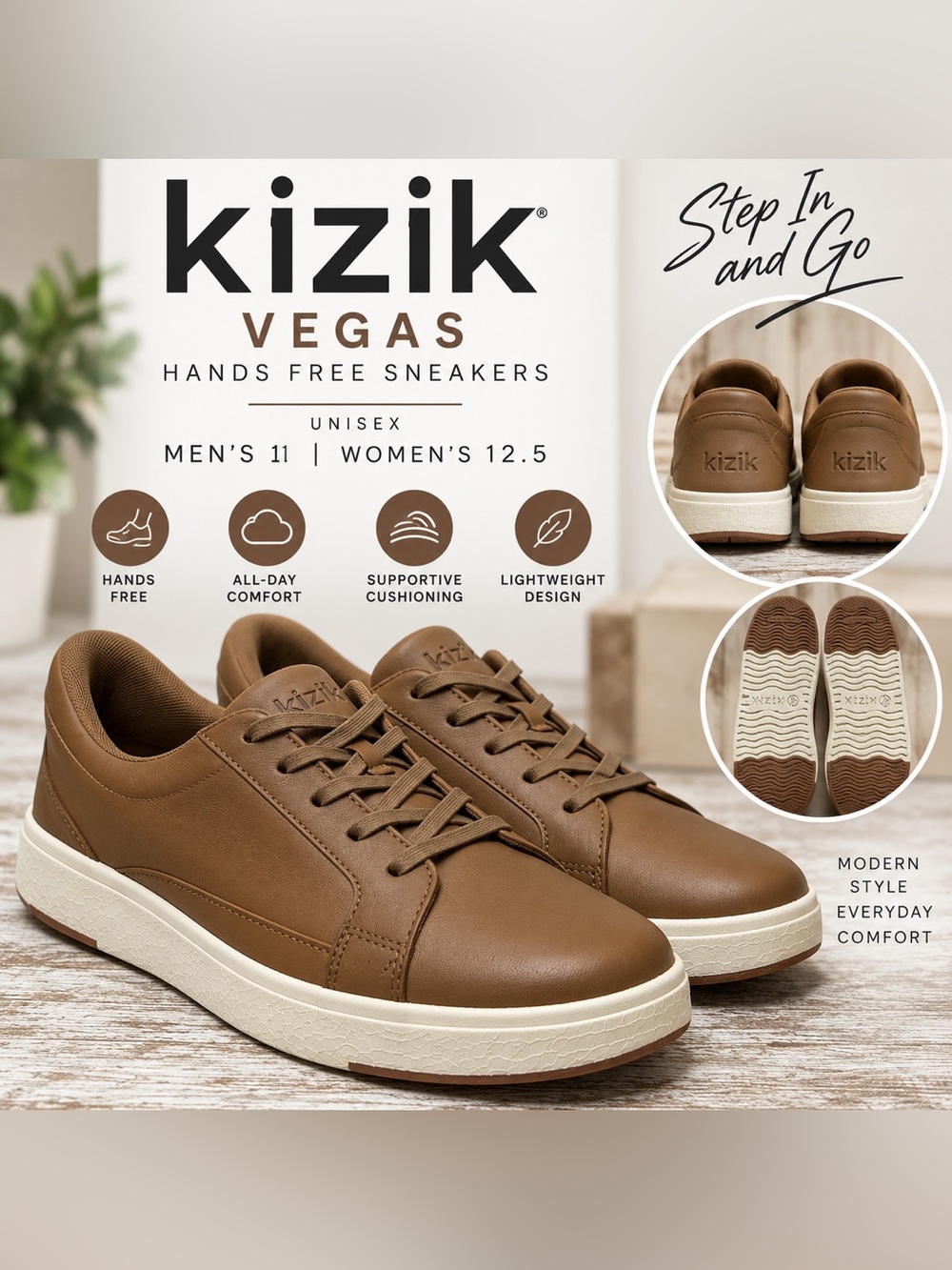 Kizik Vegas Hands Free Sneakers Brown Men’s 11 Women’s 12.5 Unisex Shoes